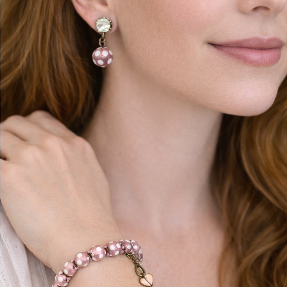 Sabika Stretch Bracelet & Earrings Set S14 Pinky Mauve & Cream Polka Dots